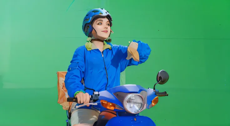 a sketch anime girl with smiling face, who wearing blue jacket and blue helmet, she riding a blue motorcycle, looking in her hand