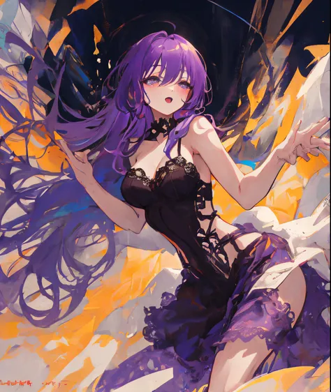 (best quality, high resolution: 1.2), ultra detailed, photorealistic: 1.37, sexy milf purple hair, provocative ahegao look, radiant beauty, curvy figure, seductive confidence, sensual expression, black lace lingerie, soft lighting, passionate atmosphere, v...