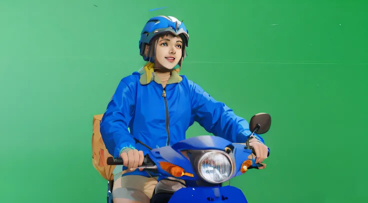 a sketch anime girl with smiling face, who wearing blue jacket and blue helmet, she riding a blue motorcycle, looking in her hand