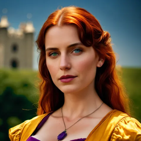 Mulher perfeita foto realista, Uma foto realista de 30yo Medieval Woman Queen usando um vestido roxo, red hair, castelo medieval, cores frias,olhos azuis, nariz perfeito, Rosto redondo, sobrancelha reta, ossos da bochecha (1girl), (extremamente detalhado C...