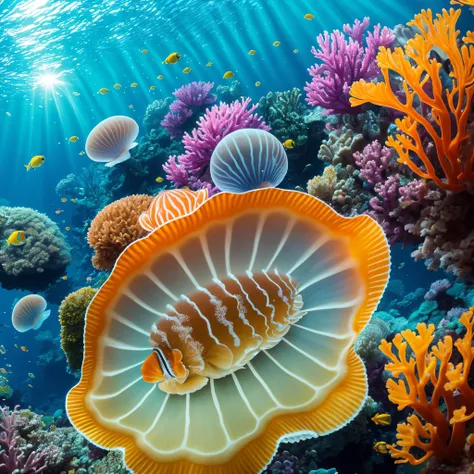 8K, photography, High Detail, fantastic underwater world, with jellyfish, small colorful fish, a huge shell, half a shell,Underwater Shot: Canon EOS-1D X Mark II camera with a Canon EF 8-15mm f/4L Fisheye USM lens in an underwater housing --auto --s2