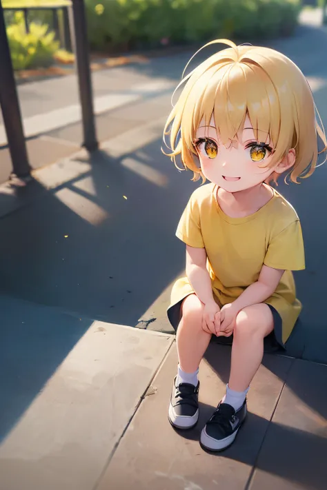 Side angle, ​masterpiece、hightquality、(blonde short hair, yellow  eyes)、5-year-old girl、child, (Alone:1.5)、Wearing a yellow T-shirt、Hands raised、(The upper body of the subject is shown:1.3)、(Smiling expression:1.1)、Bold composition、The background is a park