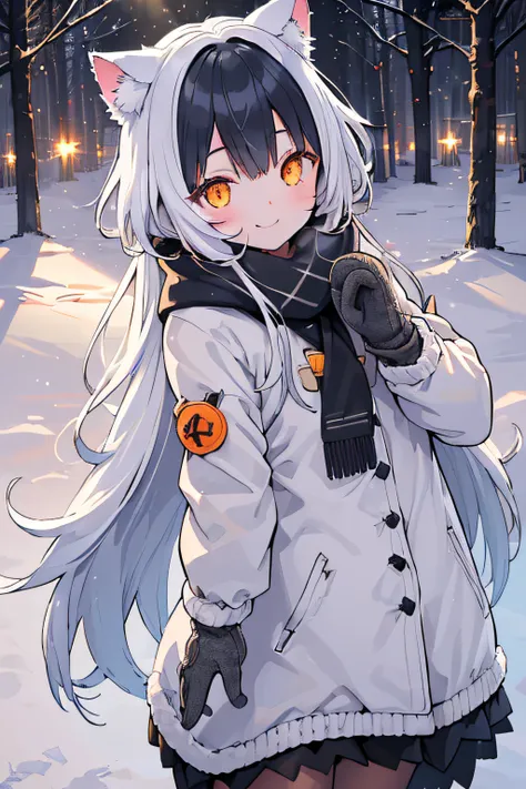 (Best Quality:1.05), 1girl in, Winter clothes, detailed  clothes, High quality winter clothes, intricate detailes, mittens, Smiling, Cold, Forest Village, Snow, yuki, Sun rays, Shining, zori, evening sun, Cat ears, Orange Eyes, White Winter Jacket,   Dynam...