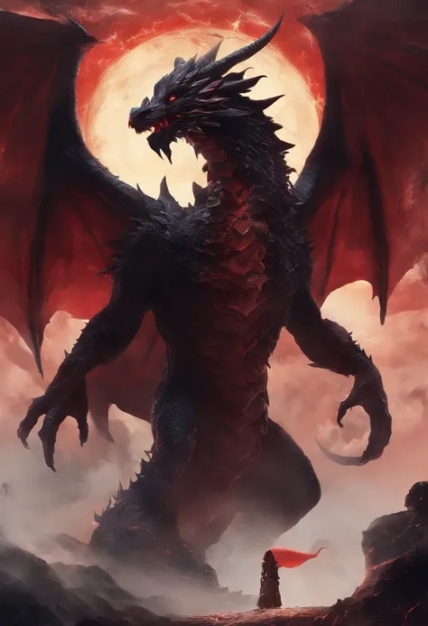 Black dragon，rugido，Feroz，inmensidad，Los ojos brillan en rojo，Efecto resplandor，Rodeado de nubes，nubes espesas，Buliding，中景 the scene is，cuerpo completo como， VFX surrealista altamente detallado，OC rendering，Soplar fuego por la boca、Cola larga、garras afilad...