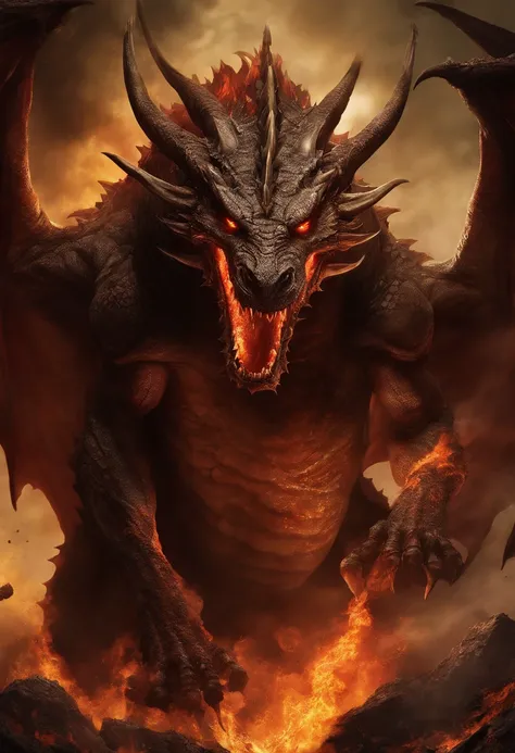 Create a realistic image of a large dragon in the middle of hell, his open mouth spewing lava burning his eyes and ears spewing flames into his mouth.