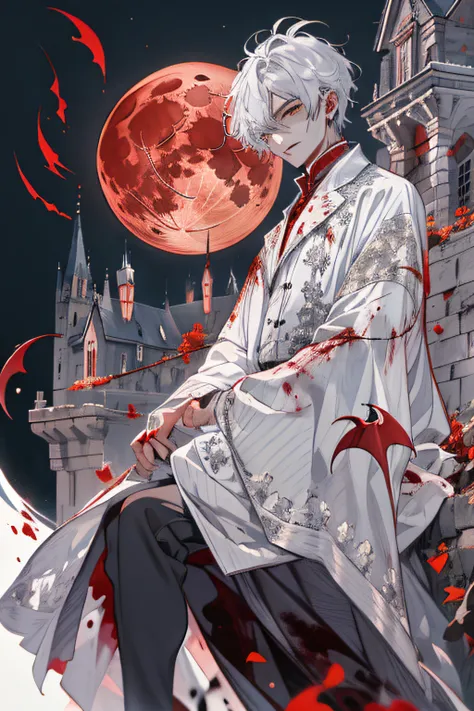 [(White background:1.5),::5], (hexagonal shaped:1.0), 1man, Vampire, Short hair, Blood, Red Moon, castle, High quality, best, super detailed, beautifull detailed face