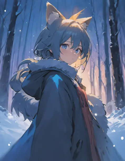 (masutepiece, Best Quality, Ultra-high resolution),1girl in,Black hair, Fox ears,coat, snowy forest , Night,(Colored skin, Blue skin),beautiful and detailed face, Detailed eyes,((Blue and gray theme))