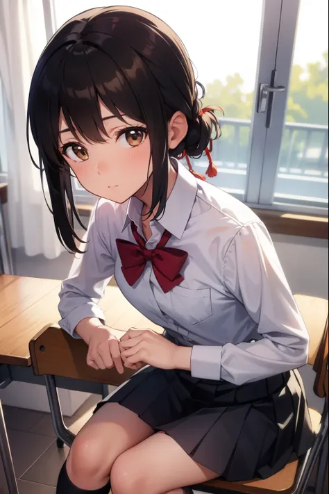 mitsuhamiyamizu, mitsuha miyamizu, black hair, (brown eyes:1.5), hair ribbon, (small breast:1.2),
BREAK bow, bowtie, kneehighs, pleated skirt, red bow, red bowtie, school uniform, skirt, white shirt, long sleeves,
BREAK looking at viewer,
BREAK indoors, cl...