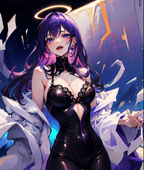 (best quality, high resolution: 1.2), ultra detailed, photorealistic: 1.37, sexy milf purple hair, provocative ahegao look, radiant beauty, curvy figure, seductive confidence, sensual expression, black lace lingerie, soft lighting, passionate atmosphere, v...