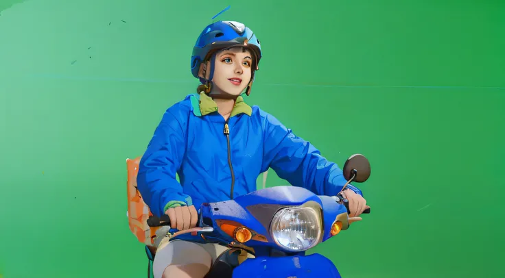 a sketch anime girl with smiling face, who wearing blue jacket and blue helmet, she riding a blue motorcycle, looking in her hand