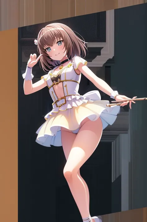 tmasterpiece，High quality anime illustrations，ultra - detailed，Solo girl，独奏，beautiful girl with brown hair，anime change，Cat-eared loli，Light Night Perspective Dancer Costume，ssmile，enhancer，Chest enhancement under bare skin，thighs focus