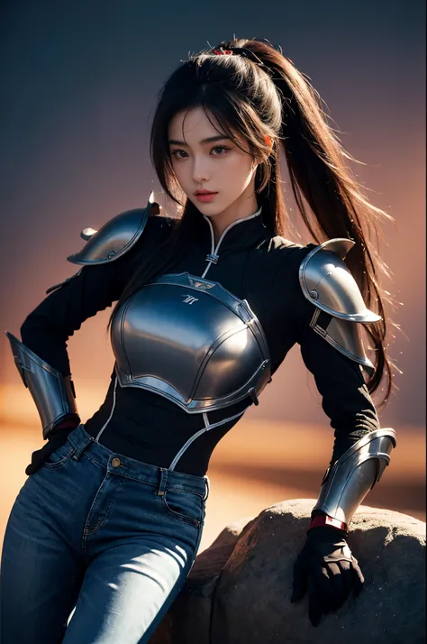 Chinese woman, 20yr old, Handsome and sexy,black soldier costume,joint armor,Black Jeans,Black boots,DAY TIME,sideways standing, Calm and indifferent, Detailed body, Detailed faces, oily body, A gorgeous one, hyper realisitc, Handsome and charming, heroic ...