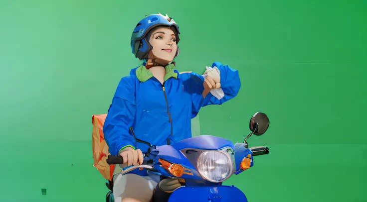 a sketch anime girl with smiling face, who wearing blue jacket and blue helmet, she riding a blue motorcycle, looking in her hand