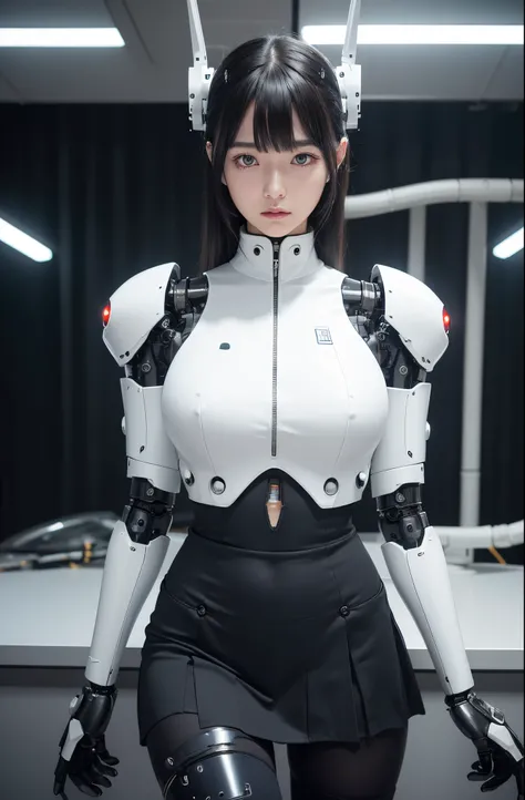 masutepiece, Best Quality, Extremely detailed, (Photorealistic:1.4),(Raw photo) (8K, 4K, Best Quality, hight resolution, 超A high resolution:1.1), (masutepiece, Realistic, Photorealsitic:1.1), 1girl in, Japaese Cyborg highschool Girl,Plump ,Navy Pleated Min...