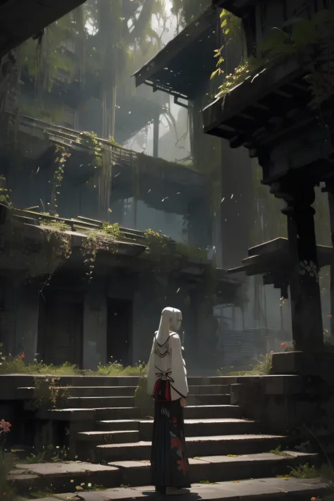 (masutepiece:1.2), Best Quality,Realistic, 1girl in, Scenery, Solo, stairs, Long hair, Ruins, Standing, from behind, Outdoors, artist name, White hair, Wide Shot, Overgrown, Facing away