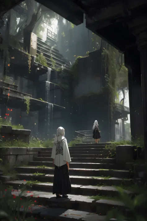 (masutepiece:1.2), Best Quality,Realistic, 1girl in, Scenery, Solo, stairs, Long hair, Ruins, Standing, from behind, Outdoors, artist name, White hair, Wide Shot, Overgrown, Facing away