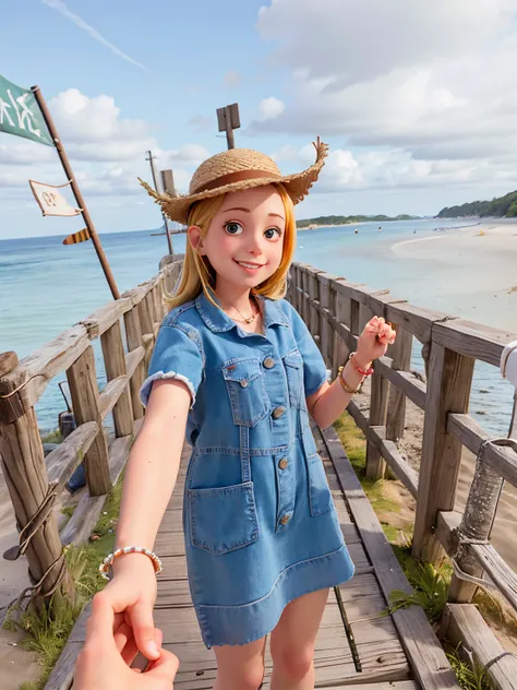 A girl standing at a bridge at the beach  holding a hand of another while smiling