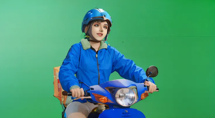 a sketch anime girl with smiling face, who wearing blue jacket and blue helmet, she riding a blue motorcycle, looking in her hand