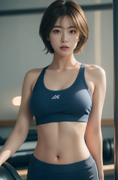 ((top-quality, masterpiece, extremely Realistic)), 1girl in, Facing the front, light brown hair, Short bob hair, dark blue sports bra, in 8K, 85 mm, Raw photo, Bokeh background, fitness gym, treadmill, barbell