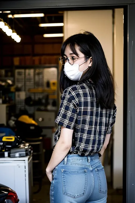 Shooting from the rear，ChineseGirl，25 age old，Medium length hair，black-frame glasses，black plaid shirt，denim pant，Directly rear，Back Shadow，Mechanical workshop，The light is dim，low light，invent，wearing face mask，home front，Standing at the tool table， spark...