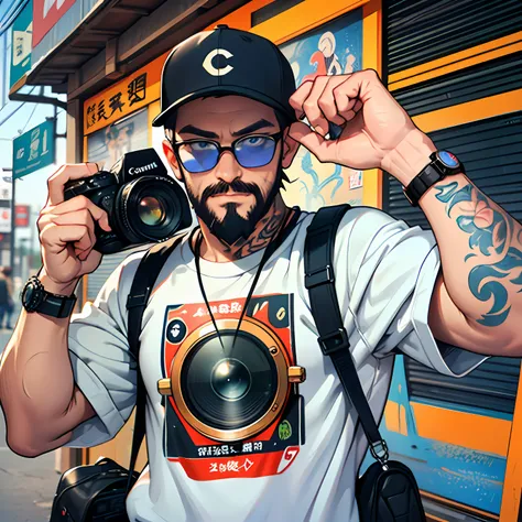 （（A white-bearded grandfather uses a DSLR camera to take pictures：1.2）），frontage，Wear a sweatshirt，With a baseball cap，Wearing sunglasses，Canon camera，Dragon Ball painting art style，Japanese cartoon style，Wearing glasses，There are tattoos on the arms，Wrist...