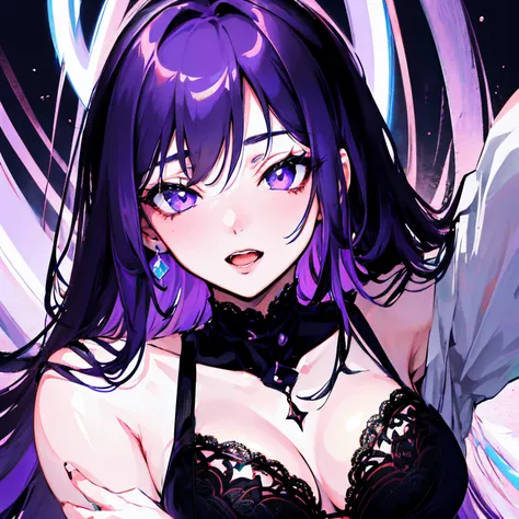 (best quality, high resolution: 1.2), ultra detailed, photorealistic: 1.37, sexy milf purple hair, provocative ahegao look, radiant beauty, curvy figure, seductive confidence, sensual expression, black lace lingerie, soft lighting, passionate atmosphere, v...