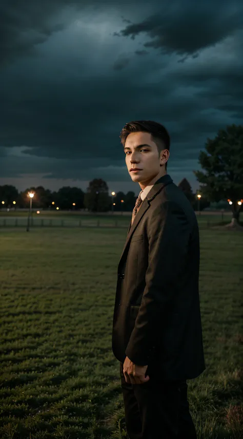 a young man in a city park, grassy field, night, windy, cloudy, beautiful scenery,