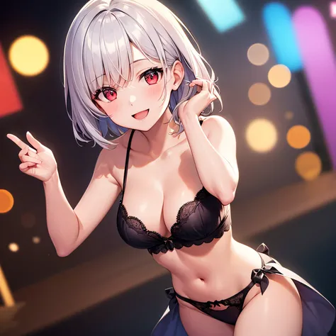 Masterpiece, best quality, ultra high res, illustration, 1 girl, solo, cowboy shot, dancing, hands up, (platinum short hair), beautiful  red eyes, black lingerie, smiling, bokeh, depth of field, best quality,