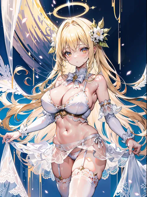 A busty girl with a halo on her head floats in the air showing her white lace thong panties，Blonde hair，Golden glowing eyes，divine，Misty，bow ribbon，around the fog，sunny clear sky，extreme hight detail，White lace underwear，Miniskirt，Exposing her breasts，