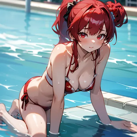 Female alone,all-fours,Seductive red eyes,Kamimei,cheeks are a little red,red hair side ponytail,White scrunchie,string bikini,Houshou Marine,hololive,Poolside background,Glamorous breasts,skin wet with water