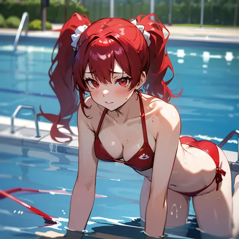 Female alone,all-fours,Seductive red eyes,Kamimei,cheeks are a little red,red hair side ponytail,White scrunchie,string bikini,Houshou Marine,hololive,Poolside background,Glamorous breasts,skin wet with water