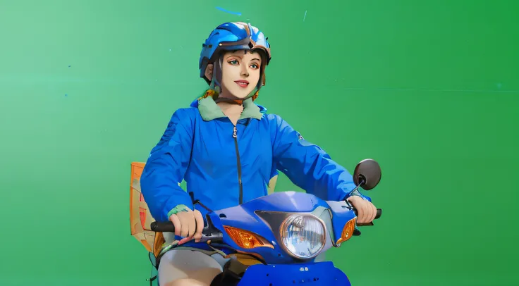 a sketch anime girl with smiling face, who wearing blue jacket and blue helmet, she riding a blue motorcycle, looking in her hand