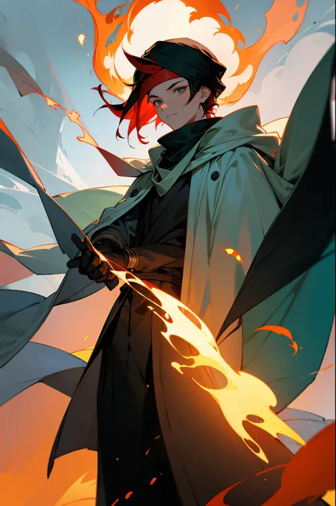 1male , Teen, Black hair, red hair, white gloves, snapping, fire, detailed eyes, glowing body, casual clothes, black clothes, surrounding flames, Cloudy Sky, White Cloak, green scarf, Turban