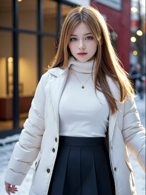 Best quality, masterpiece, ultra high res, (photorealistic:1.4), 1 Russian girl, blue eyes, blonde long hair, tight Red top, white cotton flare skirt, black winter coat, outdoors, wintertime, standing, arms down, no smile,