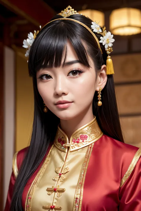 Charming Chinese dancer,face reta,franja,Antecedentes altamente detalhados,Mulher branca bonita com peitos grandes e macios e pele branca. peito enorme: 1.4,Rosto altamente detalhado, Olhos detalhados,