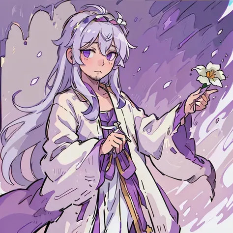 1boy, skinny, crème robes, long hair, beard, late 50s, white hair, purple eyes, flower crown, medieval setting