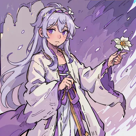 1boy, skinny, crème robes, long hair, beard, late 50s, white hair, purple eyes, flower crown, medieval setting