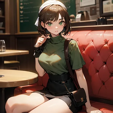 young woman, 18 years old, green eyes, short brown hair, sitting in a cafe, wearing a short-sleeved black tight turtleneck, a gray mini-skirt, and a bandana in her hair and a handbag