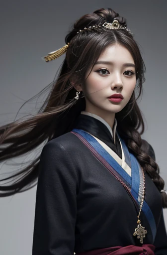 three kingdom、Han people、nobles、Female Officer、hair adornments、Best Quality, 超A high resolution, Raw photo, 1girl in, with a simple gray background, Half body, Looking at Viewer