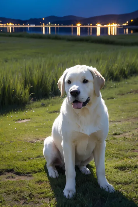 The one in the moonlit night is Labrador，Leakage throughout the body，being in the grassland。