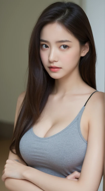 （realistically， A high resolution：1.3）， 1 girl with perfect figure， The face shape and eyes are super delicate，Long gray hair， random color tank top：1.2， Yoga pants for，Full body photo，Big cloth，Exposing cleavage