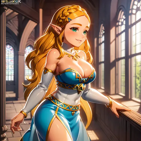 ((masterpiece)),(illustration),(((best quality)),iridescent, high resolution illustration,Amazing,highres,intricate detail, extremely detailed CG unity 8k wallpaper ((zelda)), full body, large breasts, (delicate cute face), blond long hair, lovestruck,(gre...