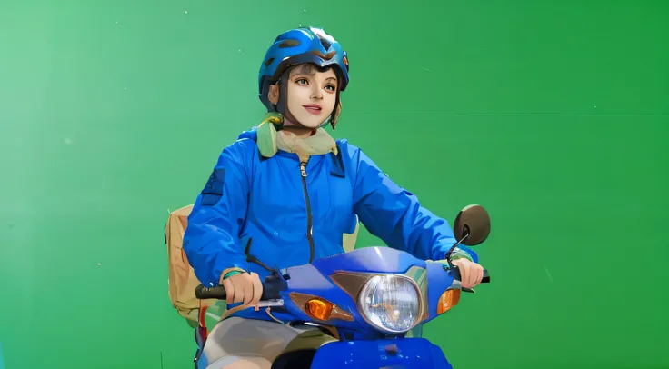 a sketch anime girl with smiling face, who wearing blue jacket and blue helmet, she riding a blue motorcycle, looking in her hand