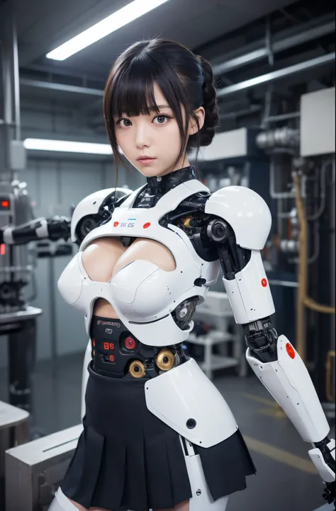 masutepiece, Best Quality, Extremely detailed, (Photorealistic:1.4),(Raw photo) (8K, 4K, Best Quality, hight resolution, 超A high resolution:1.1), (masutepiece, Realistic, Photorealsitic:1.1), 1girl in, Japaese Cyborg highschool Girl,Plump ,Navy Pleated Min...