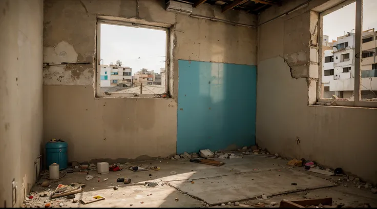 Dentro de um quarto,no tijolo,marcas de tiro na parede, a destroyed window ,na favela , sujeira, poeira, rubble on the floor, 8k