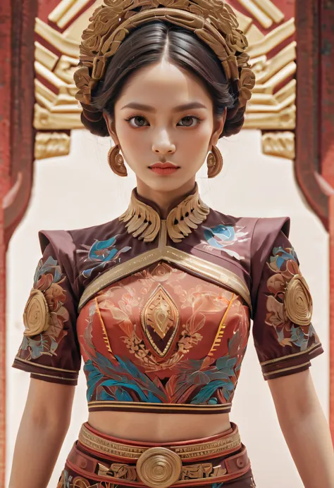 An Indonesian-styled futuristic suit worn by a girl depicting cultural fusion and modern fashion. The suit is adorned with intricate patterns and vibrant colors, showcasing the rich heritage of Indonesia. The girl stands confidently in a dynamic pose, with...