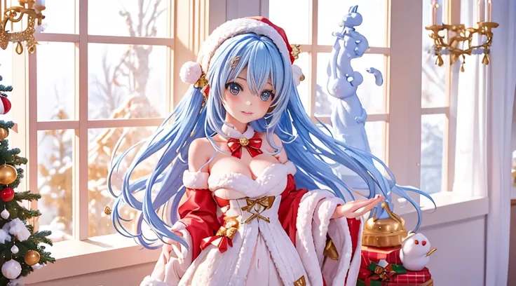 Santa girl wearing a beautiful Santa costume form fitting, Many FIR complex designs,Slim body, ample breasts, thin waist.A magical cozy space filled with gorgeous Christmas decorations, The contrast between warm light and cold blue Take in the winter wonde...