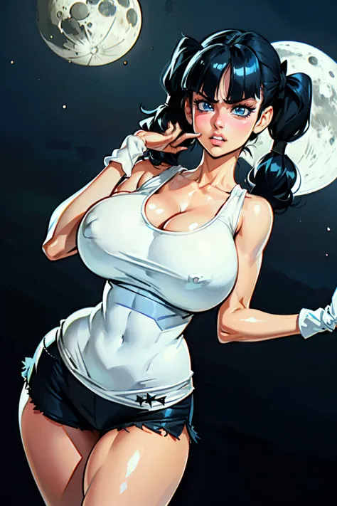 Waifu, masterpiece, curvy, breasts, moon, full moon, gloves, 1girl, clenched teeth, videl, cleavage, large breasts, teeth, ((straight black hair)), ((white tanktop:1.3)), blue eyes, rating:explicit,rule34, hardcore, tits,clenched hands, night, sky, ((side ...