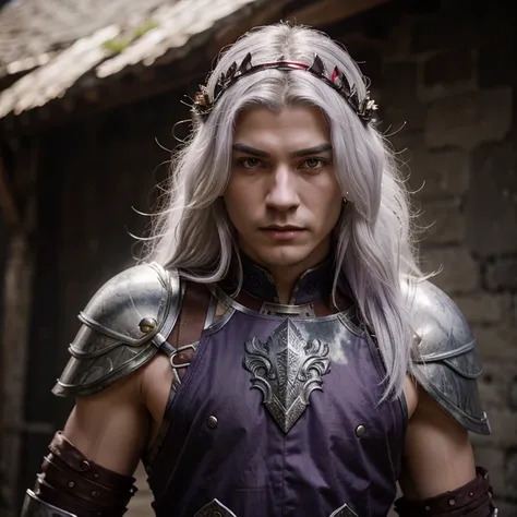 male, warrior armor, iron crown with rubies, white hair, shoulder length hair, sword, mid thirties, purple eyes