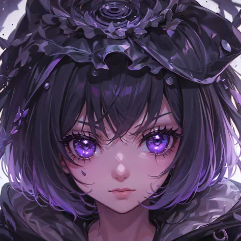 One Girl Looking at the Beholder, pokerface, potrait, Wearing a black jacket with a purple nenet in it, Perfect eyes, Purple eyes, Pretty Face, Short hair, purple and black hair, Perfect face, Pretty, Cool anime, Anime Art, Highly detailed